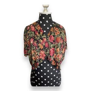 Vintage Cinema Etoile Womens Bed Jacket Sz M Black Floral Pleated Short‎ Sleeve